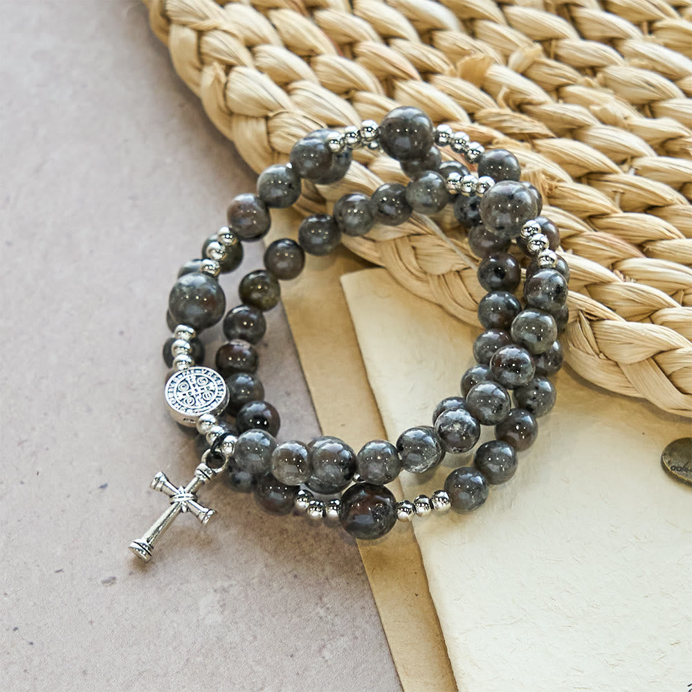 Christianartworkshop 6mm UV-Glow Flame Stone Rosary Bracelet: Ashy Texture & Illuminated Devotion - St. Benedict & Cross - image 0