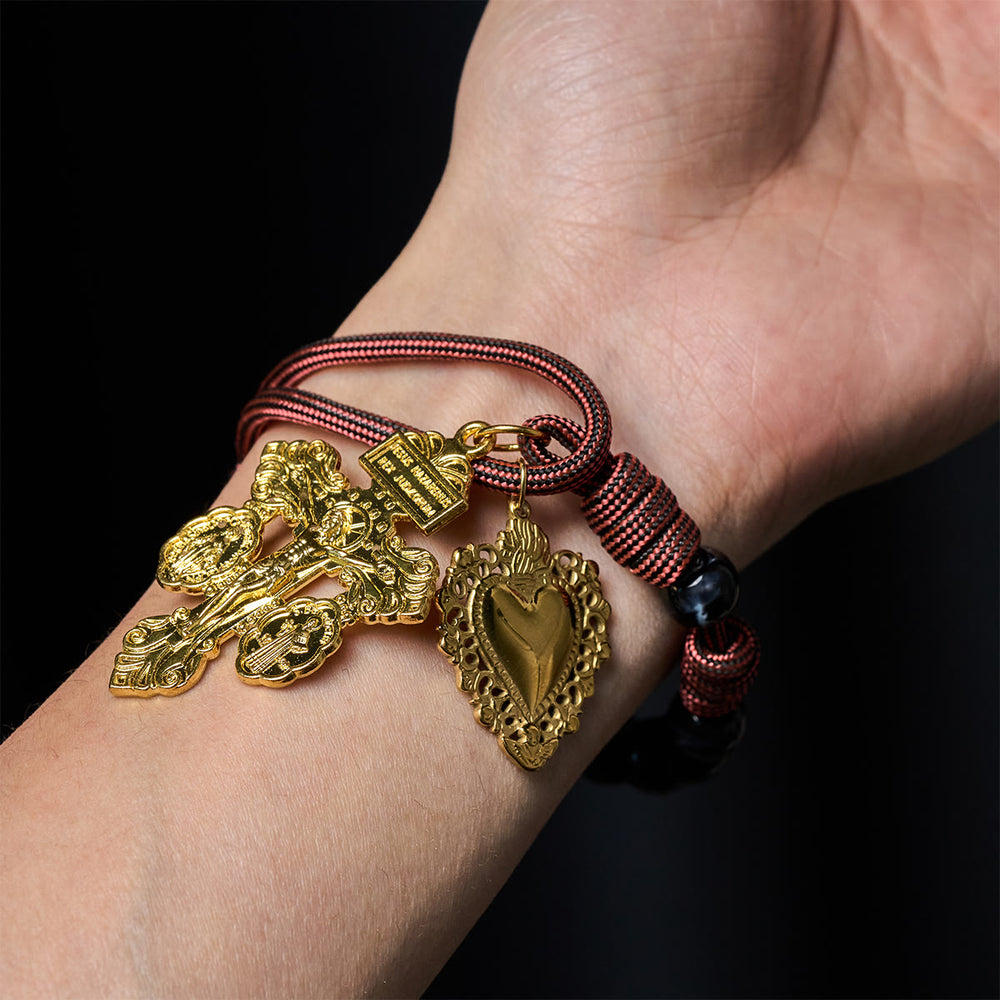 Christianartworkshop Portable Faith Pocket Rosary: Black Beads, Woven Cord & Sacred Gilded Charm - image 1