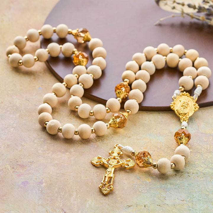 Christianartworkshop White Wood Bead Rosary with Champagne-Tone Accent: Faith & Calm Reminder for Quiet Moments - image 5