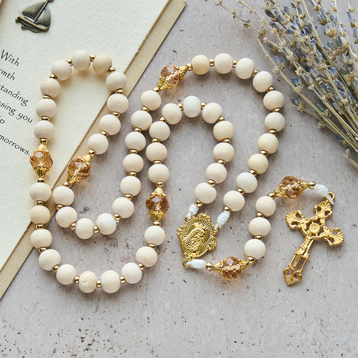 Christianartworkshop White Wood Bead Rosary with Champagne-Tone Accent: Faith & Calm Reminder for Quiet Moments - White Wood Bead Rosary - image 0