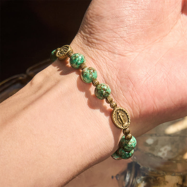 Christianartworkshop Vintage Red Green Glass Bracelet with Miraculous Medal: Faith & Grace Reminder for Daily Wear - image 1
