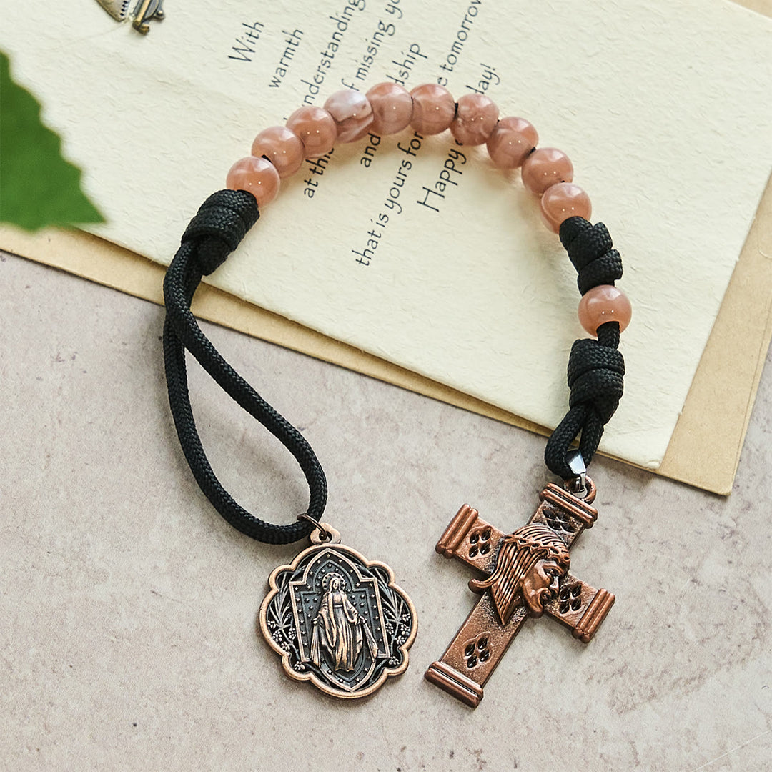 Christianartworkshop Compact Holy Pocket Rosary: Pink Beads, Paracord Loop & Vintage Copper Cross - Pocket Rosary - image 0