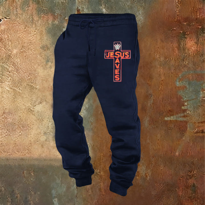 Christianartworkshop Cross & "Jesus Saves" Sweatpants: Daily Wear Tied to His Promise - Navy Blue - 2XL - image 0