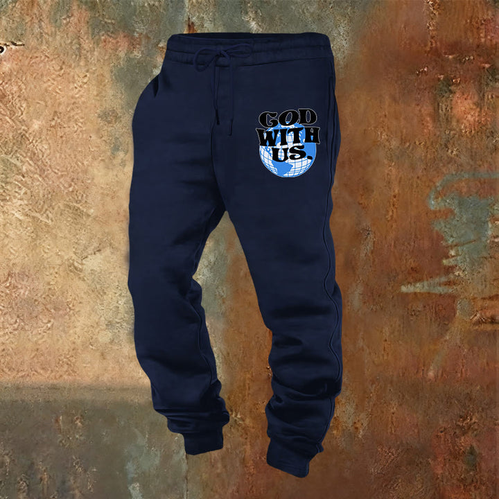 Christianartworkshop Globe & God With Us Sweatpants: Cozy Reminders of His Nearness - Navy Blue - 2XL - image 9