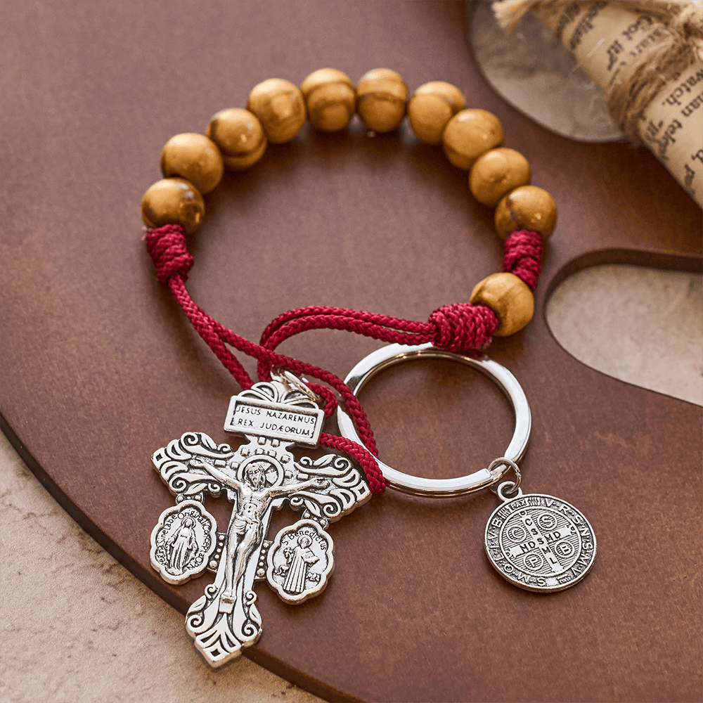 Christianartworkshop Crucifix & St. Benedict Medal Wood Pocket Rosary: Soft Prompt of Peace - Red Rope - image 0
