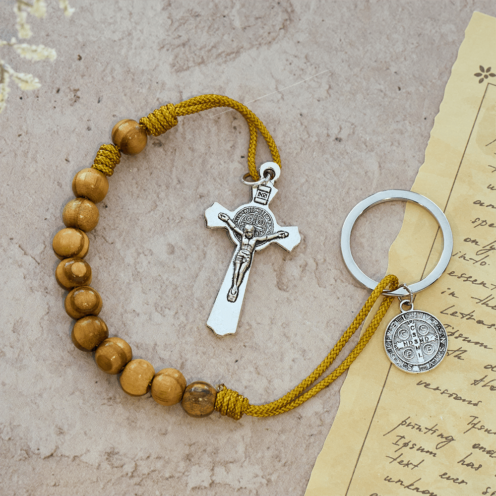 Christianartworkshop Crucifix & St. Benedict Medal Wood Pocket Rosary: Soft Prompt of Peace - image 9