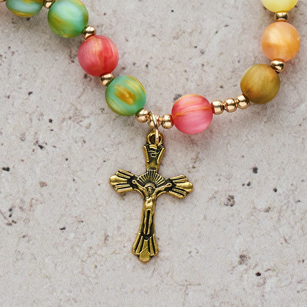 Christianartworkshop Rainbow Glow Vibrant Faith Rosary Bracelet: Colorful Beads & Sacred Golden Our Lady - image 6