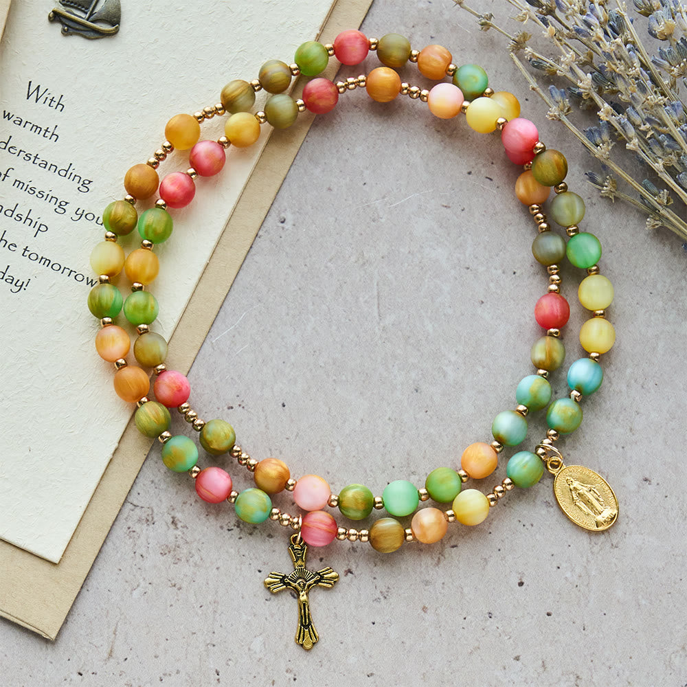 Christianartworkshop Rainbow Glow Vibrant Faith Rosary Bracelet: Colorful Beads & Sacred Golden Our Lady - image 3