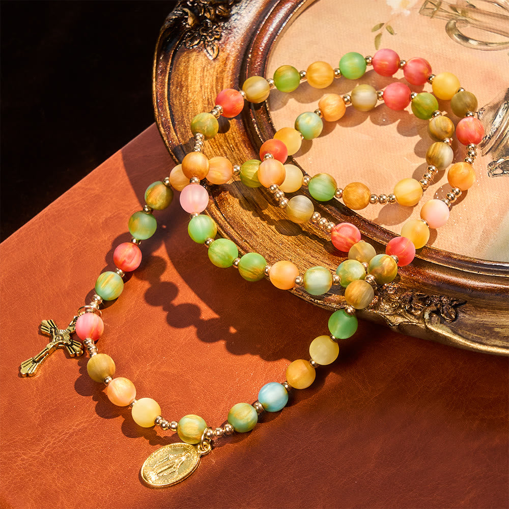 Christianartworkshop Rainbow Glow Vibrant Faith Rosary Bracelet: Colorful Beads & Sacred Golden Our Lady - image 4