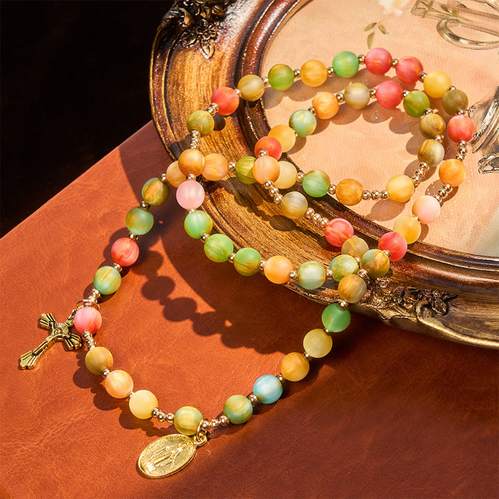 Christianartworkshop Rainbow Glow Vibrant Faith Rosary Bracelet: Colorful Beads & Sacred Golden Our Lady - image 4