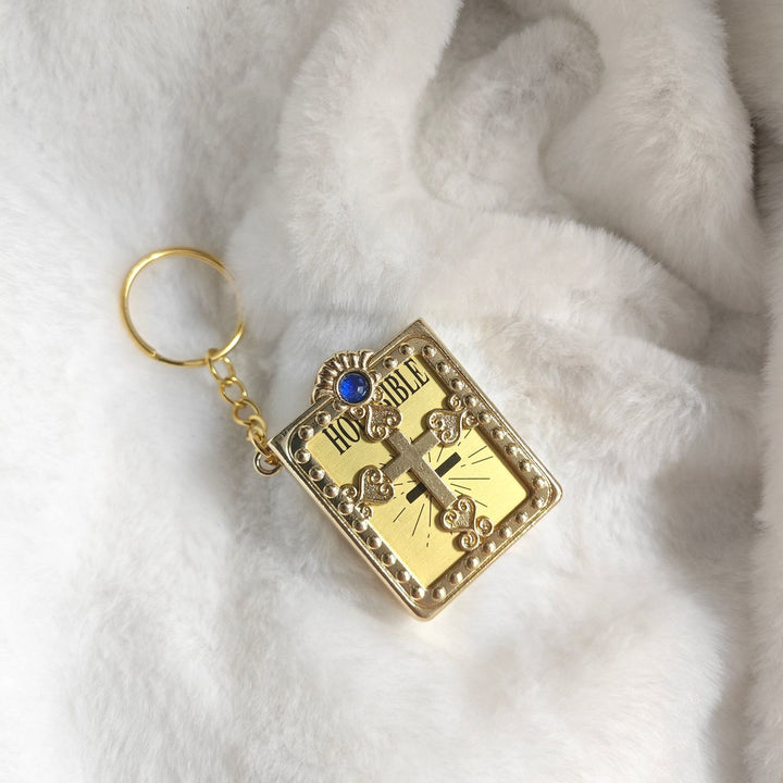 Christianartworkshop Bible-Shaped Cross Keychain: Steady Companion for Errand Days - Golden & Blue - image 3