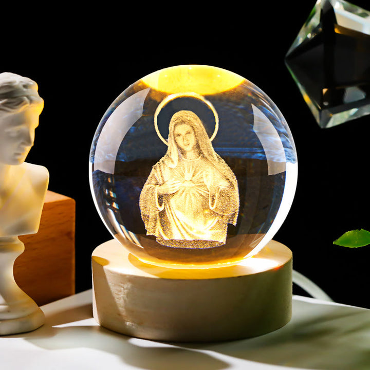 Christianartworkshop Sacred Crystal Ball Nightlight: Luminous Companion of Divine Presence - Mary with Sacred Heart - with Colorful Light Base - 8cm - image 10