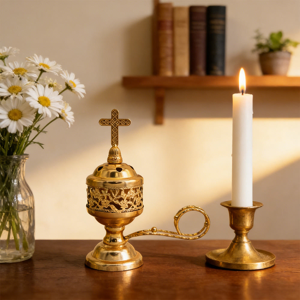 Christianartworkshop Ornate Metal Incense Burner with Cross Accent: Quiet Reminder of Peaceful Moments - Golden - image 0