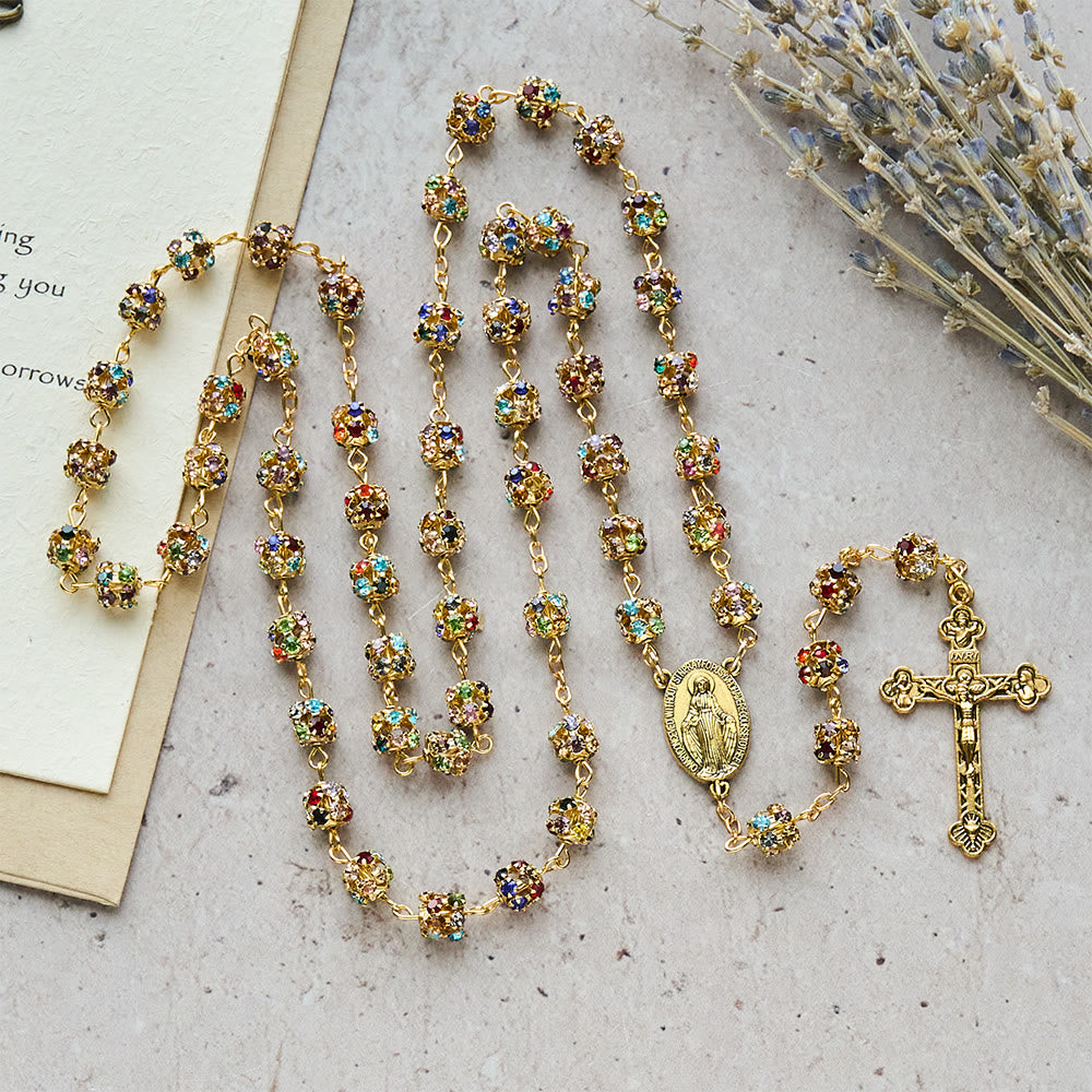 Christianartworkshop Luxurious Gilded Sparkling Rosary: Dazzling Multi-Color Beads & Our Lady Charm - image 3