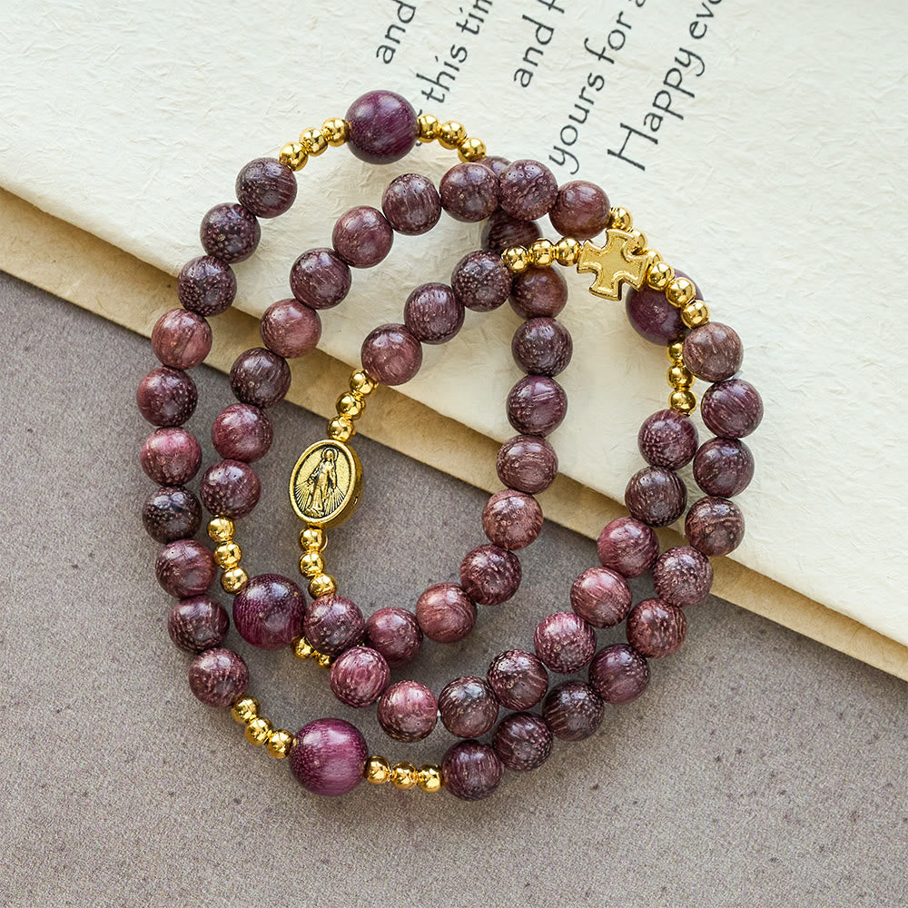 Christianartworkshop Perilla Wood Multi-Layer Rosary Bracelet with Earthy Beads & Sacred Our Lady - Perilla Wood - image 0