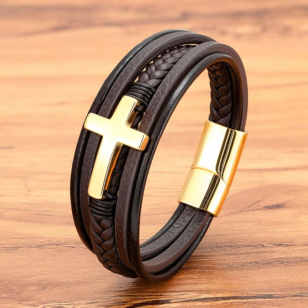 Christianartworkshop Braided Cross Leather Bracelet: Steady Grace for Everyday Wrists - Brown & Golden Cross - 9.1''/23cm - image 7