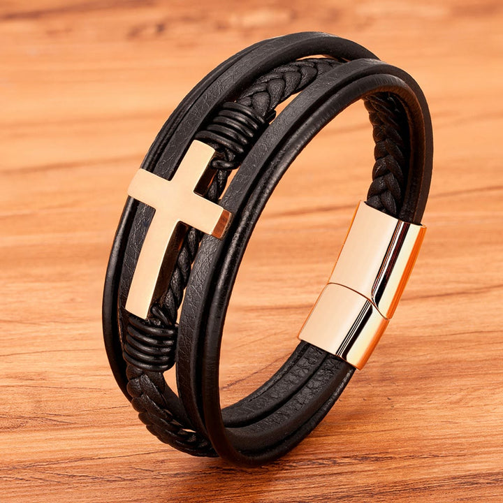 Christianartworkshop Braided Cross Leather Bracelet: Steady Grace for Everyday Wrists - Black & Rosegold Cross - 9.1''/23cm - image 5