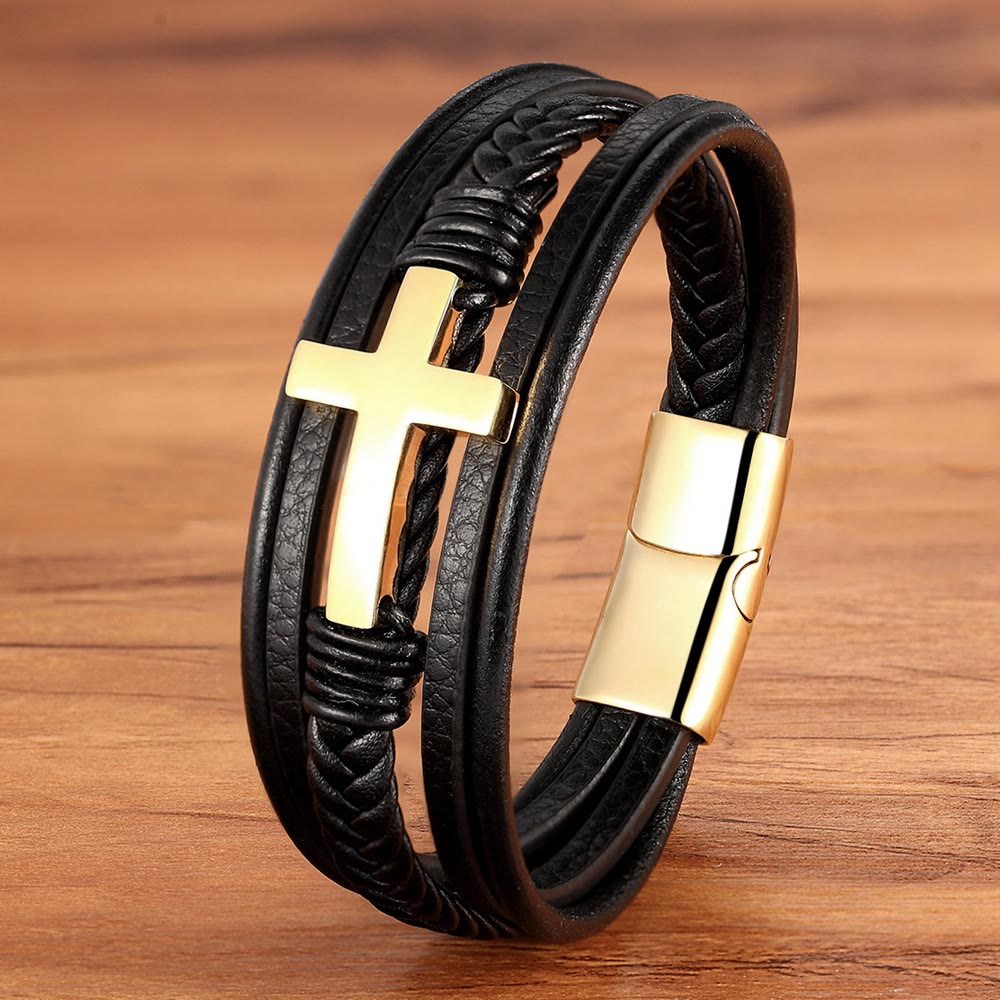 Christianartworkshop Braided Cross Leather Bracelet: Steady Grace for Everyday Wrists - Black & Golden Cross - 9.1''/23cm - image 0