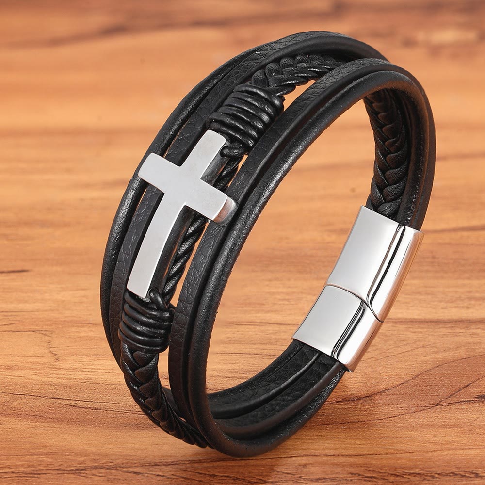 Christianartworkshop Braided Cross Leather Bracelet: Steady Grace for Everyday Wrists - Black & Silver Cross - 9.1''/23cm - image 2