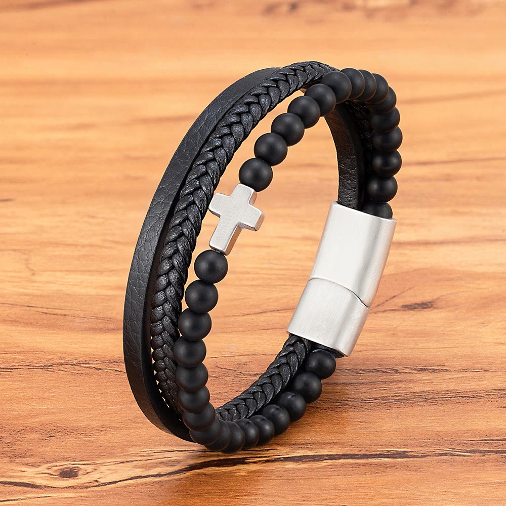 Christianartworkshop Layered Cross Bracelet with Tiger's Eye Stone Bead: Quiet Devotion in Rich Texture - Black - 9.1''/23cm - image 3