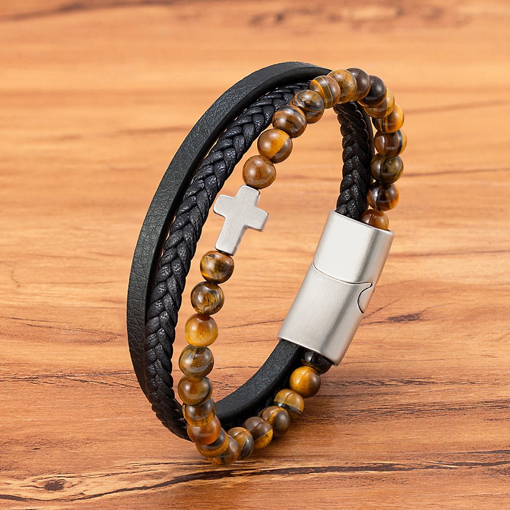 Christianartworkshop Layered Cross Bracelet with Tiger's Eye Stone Bead: Quiet Devotion in Rich Texture - Yellow - 9.1''/23cm - image 4