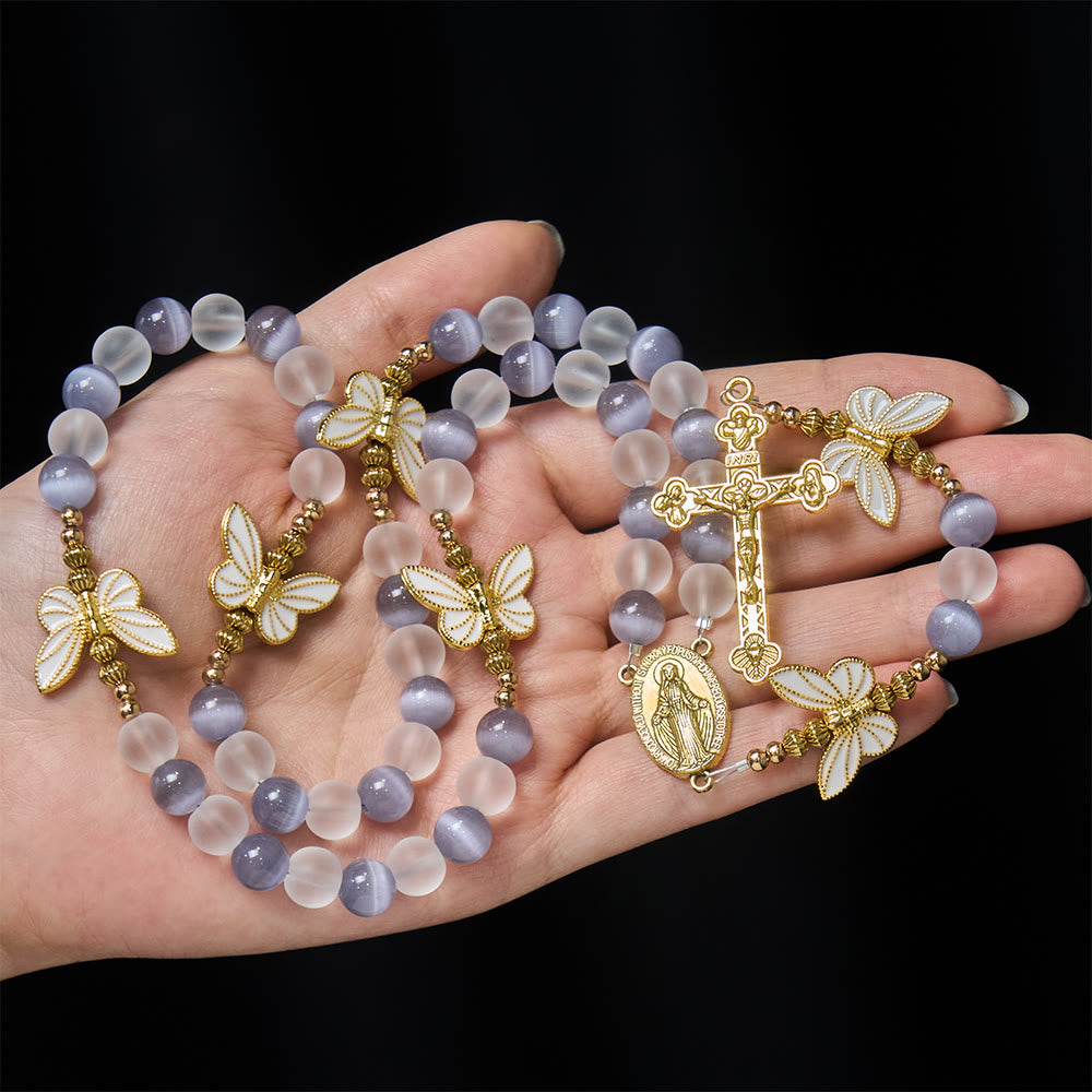 Christianartworkshop Purple Cat's Eye & Matte Glass Butterfly Blessed Rosary: Embody Sacred Love and Grace - image 2