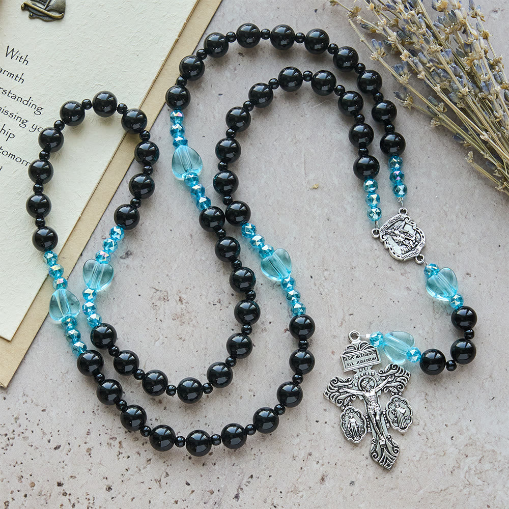 Christianartworkshop Black Bead & Blue Heart Rosary with St.Michael: Devotional Comfort in Every Strand - St. Michael Rosary - image 0