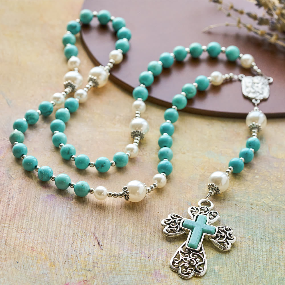 Christianartworkshop Turquoise Bead Crucifix Rosary with Holy Family Accent: A Steady Reminder of His Grace - image 2