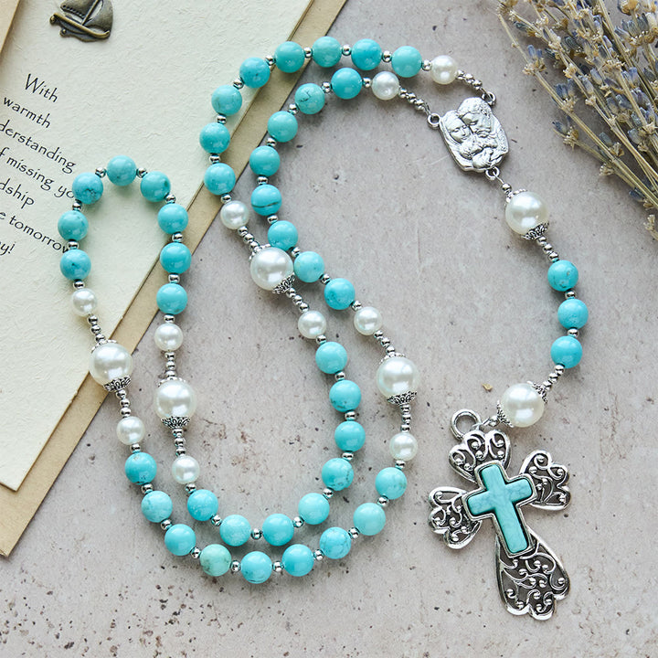 Christianartworkshop Turquoise Bead Crucifix Rosary with Holy Family Accent: A Steady Reminder of His Grace - Turquoise Bead Rosary - image 0
