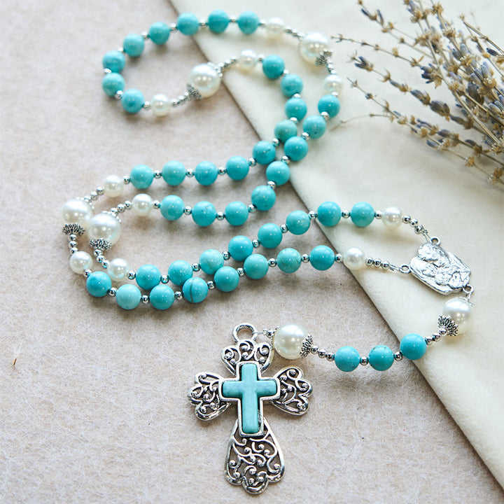Christianartworkshop Turquoise Bead Crucifix Rosary with Holy Family Accent: A Steady Reminder of His Grace - image 3