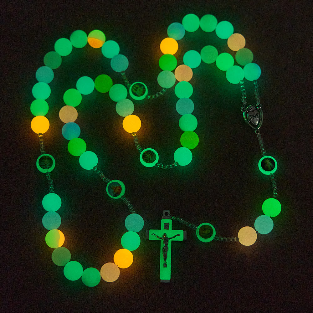 Christianartworkshop Vibrant Colorful Glow-in-the-Dark Rosary with Saint Portraits: Faith That Lights Up the Night - Glow-in-the-Dark - image 0