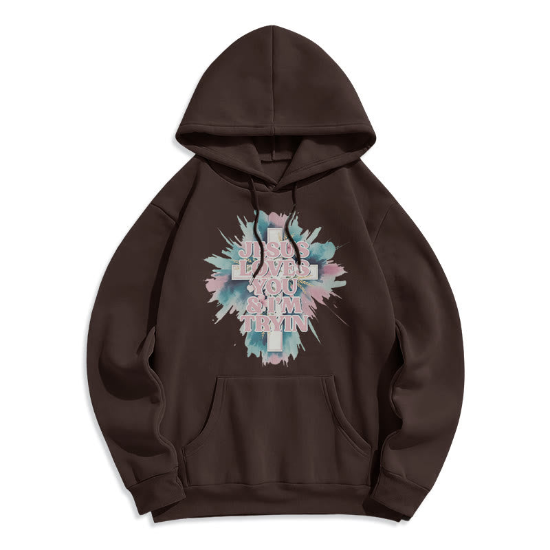 Christianartworkshop  Jesus Loves You I'm Still Tryin Fleece Lined Polyester Hoodie - Brown - 2XL - image 7