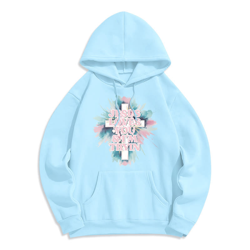 Christianartworkshop  Jesus Loves You I'm Still Tryin Fleece Lined Polyester Hoodie - Blue - 2XL - image 4