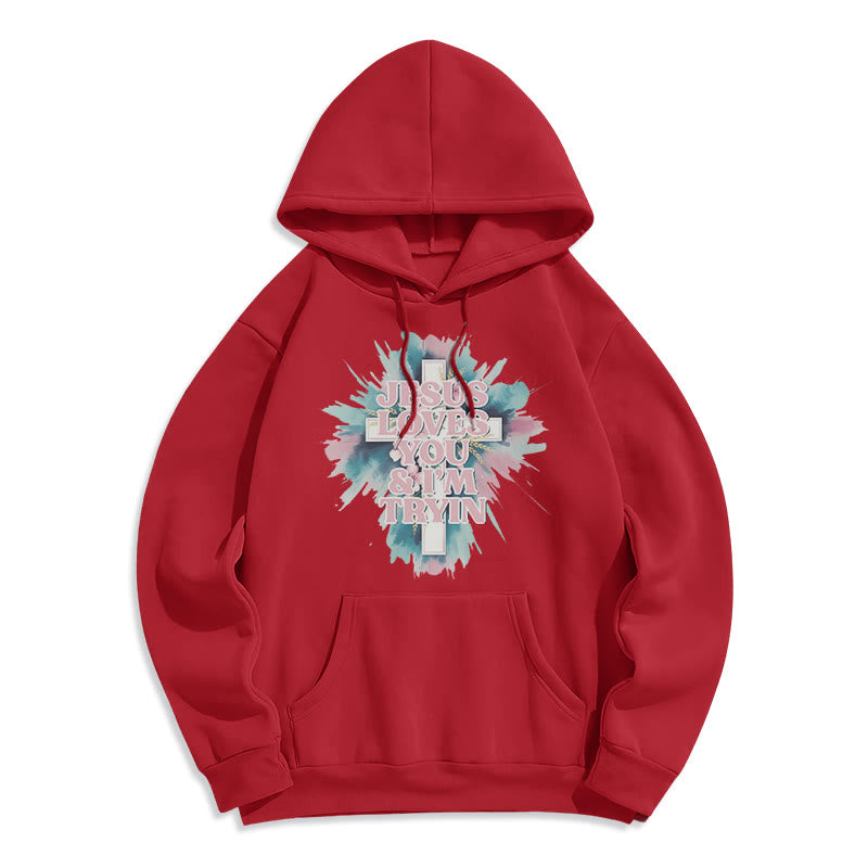 Christianartworkshop  Jesus Loves You I'm Still Tryin Fleece Lined Polyester Hoodie - Red - 2XL - image 3