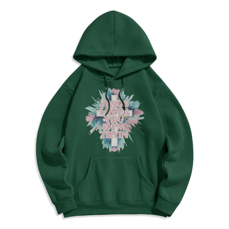 Christianartworkshop  Jesus Loves You I'm Still Tryin Fleece Lined Polyester Hoodie - Green - 2XL - image 6