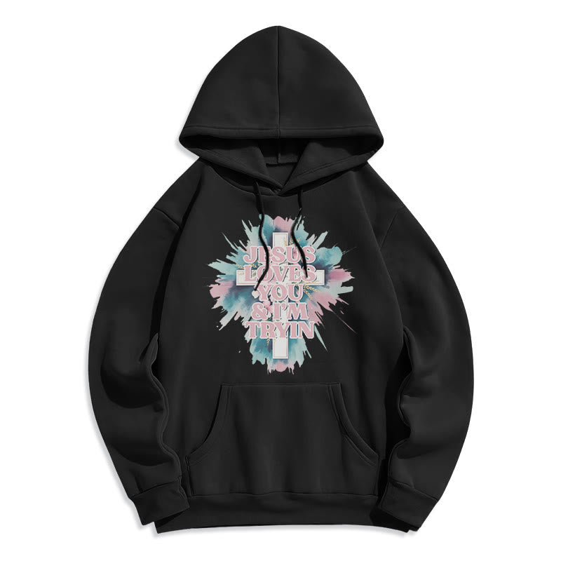 Christianartworkshop  Jesus Loves You I'm Still Tryin Fleece Lined Polyester Hoodie - Black - 2XL - image 8