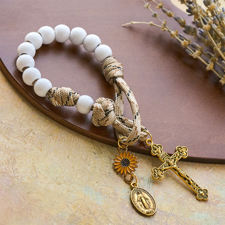 Christianartworkshop Twofold Blessing Pocket Rosary: Sunflower and Blessed Mother for Car Mirror or Personal Carry - Our Lady & Sunflower - image 0