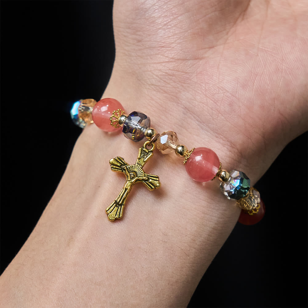 Christianartworkshop Pink Crystal & Multi-Faceted Bead Bracelet with Golden Crucifix: Dazzling Faith for Daily Style - image 1