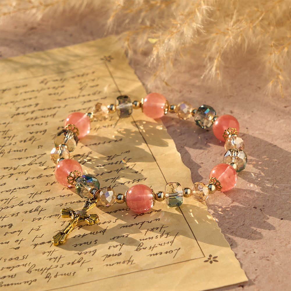 Christianartworkshop Pink Crystal & Multi-Faceted Bead Bracelet with Golden Crucifix: Dazzling Faith for Daily Style - Wrist Circumference: 7.87"/20cm - image 0