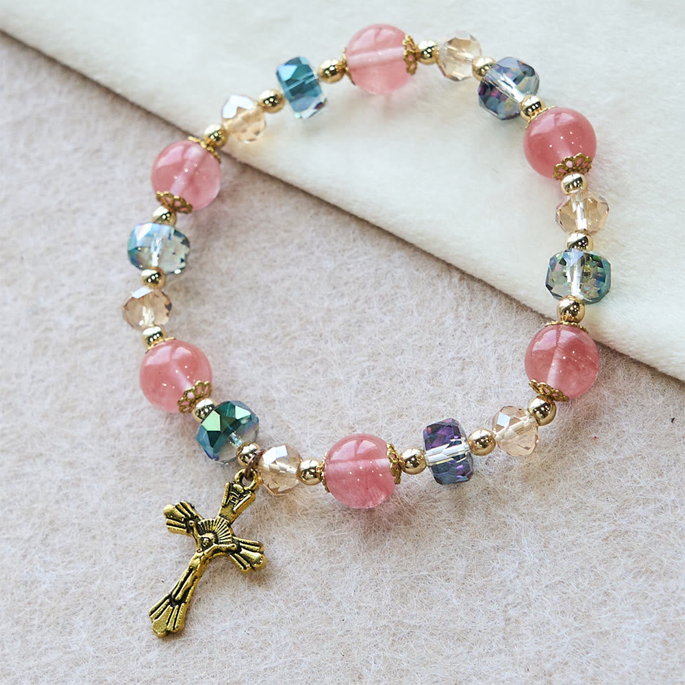 Christianartworkshop Pink Crystal & Multi-Faceted Bead Bracelet with Golden Crucifix: Dazzling Faith for Daily Style - image 3