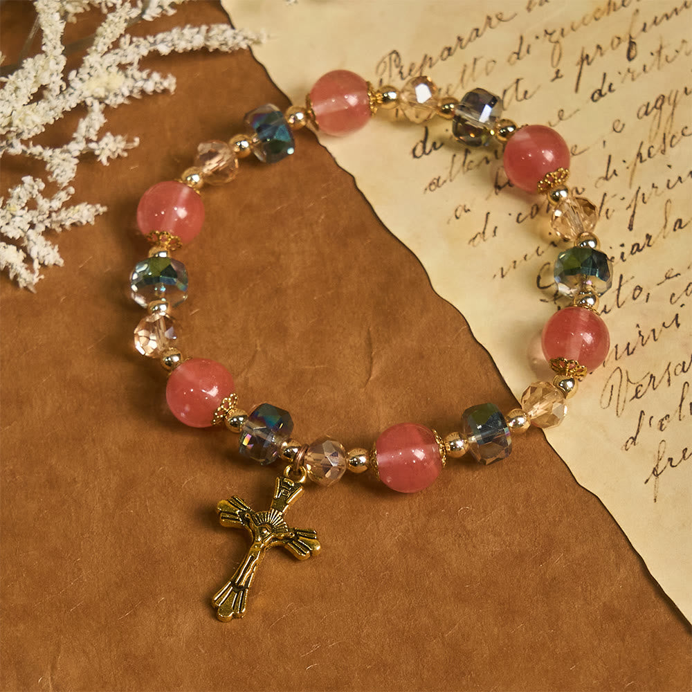 Christianartworkshop Pink Crystal & Multi-Faceted Bead Bracelet with Golden Crucifix: Dazzling Faith for Daily Style - image 6
