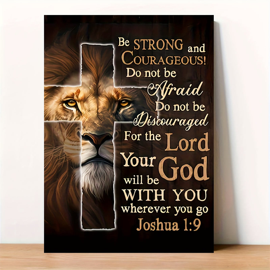 Christianartworkshop Lion & Cross Joshua Verse Wall Art Print: Bold Courage for Home Spaces - 11.81''*15.75''0.71"/30*40*1.8cm - Framed Canvas Painting - image 0
