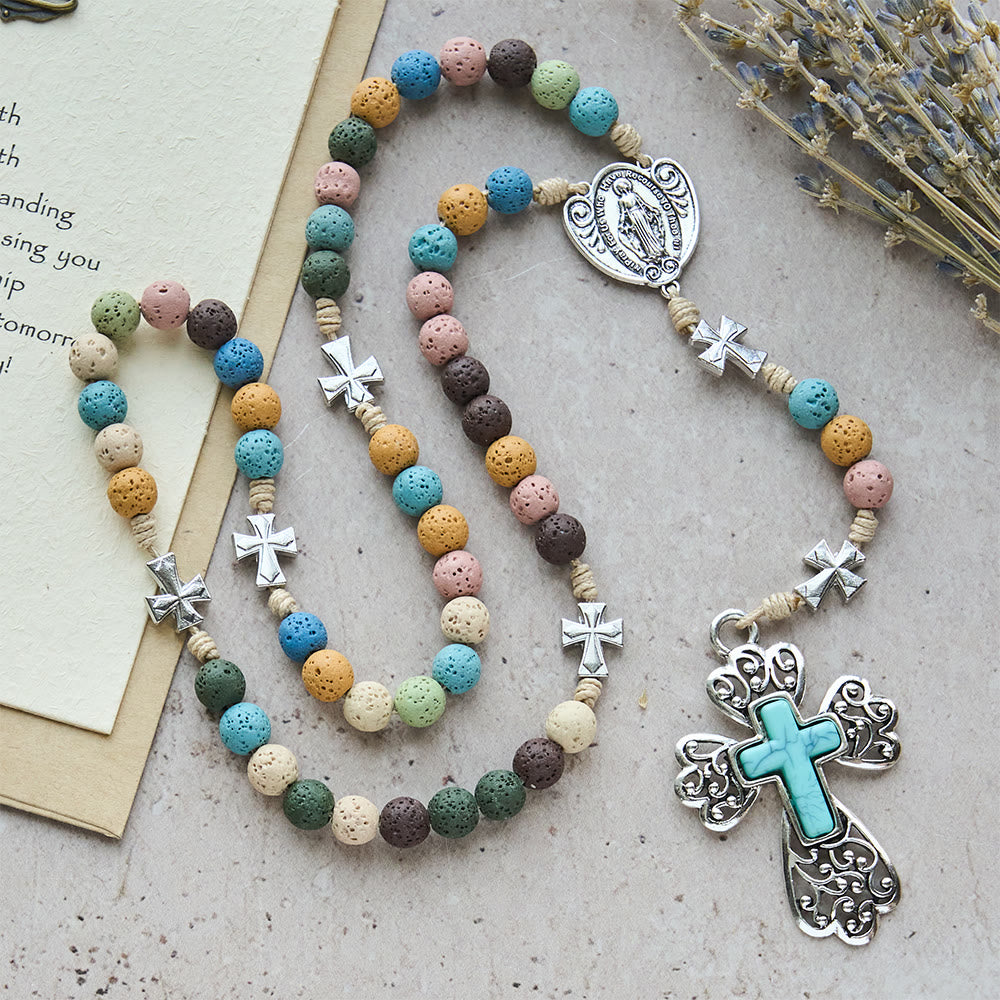 Christianartworkshop Vintage Multicolor Lava Stone Rosary: Desert Sunrise with Turquoise Cross & Our Lady Charm - Lava Stone - image 0