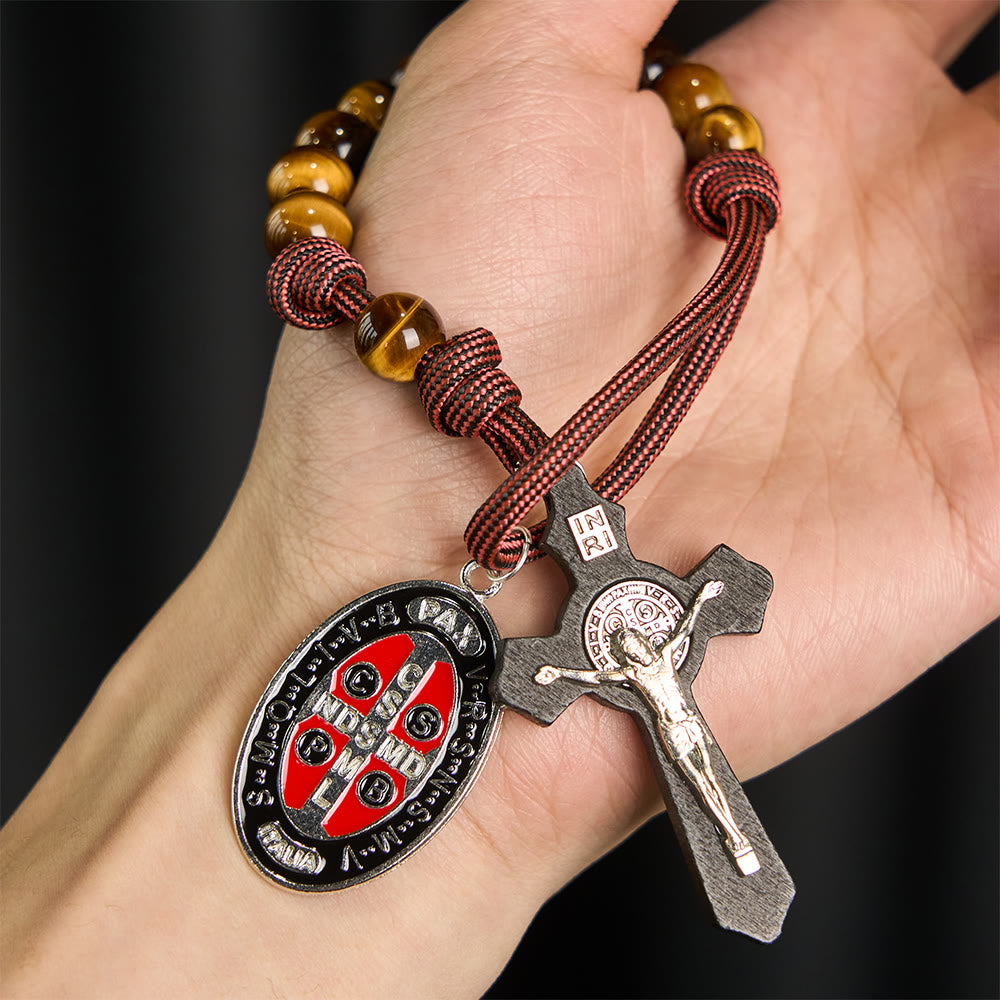 Christianartworkshop Tiger Eye Pocket Rosary with Courage & Protection: Blessed St. Benedict Exorcism Medal & Cross - image 1