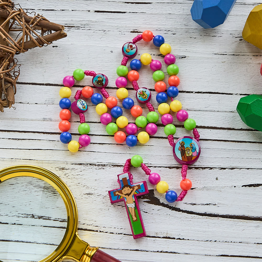 Christianartworkshop Colorful Children Rosary with Holy Family & Saint Charms: Child-Friendly Faith Prayer Beads - Pink - image 6