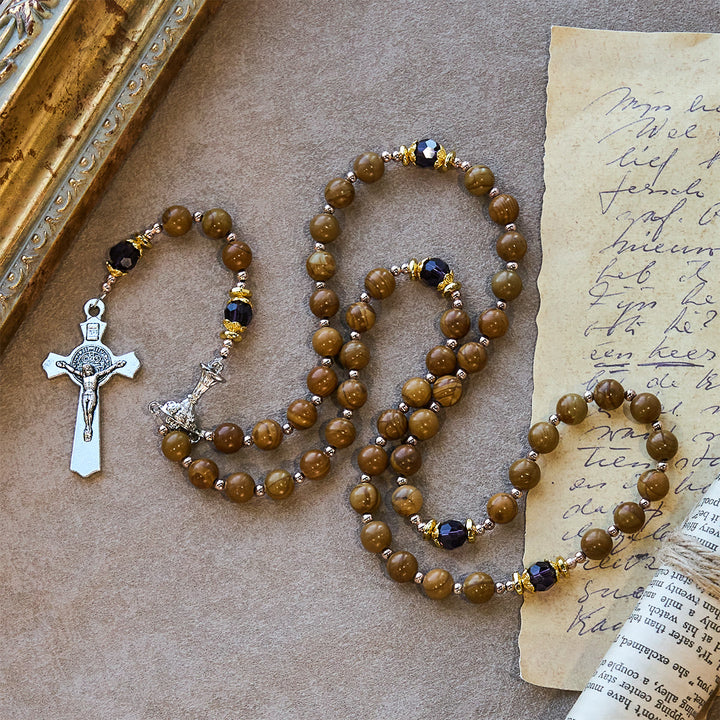 Christianartworkshop Natural Yellow Wood Grain Stone Rosary with Holy Grail Trijunction & Violet Accent - Holy Grail & Crucifix - image 0