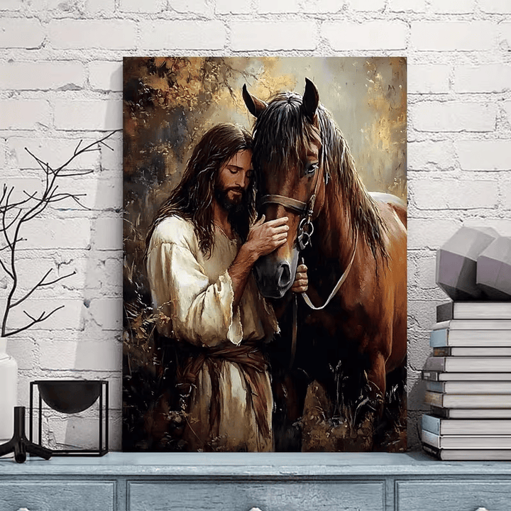 Christianartworkshop Gentle Figure & Horse Wall Art Print: Tender Care for Home Spaces - Framed Canvas Painting - 11.81''*15.75''0.71"/30*40*1.8cm - image 0