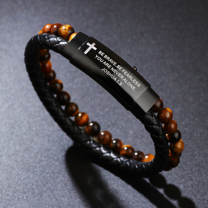 Christianartworkshop Woven Leather Cross Bracelet with Verse: Bold Courage for Daily Wear - Tiger'eye Stone - image 6