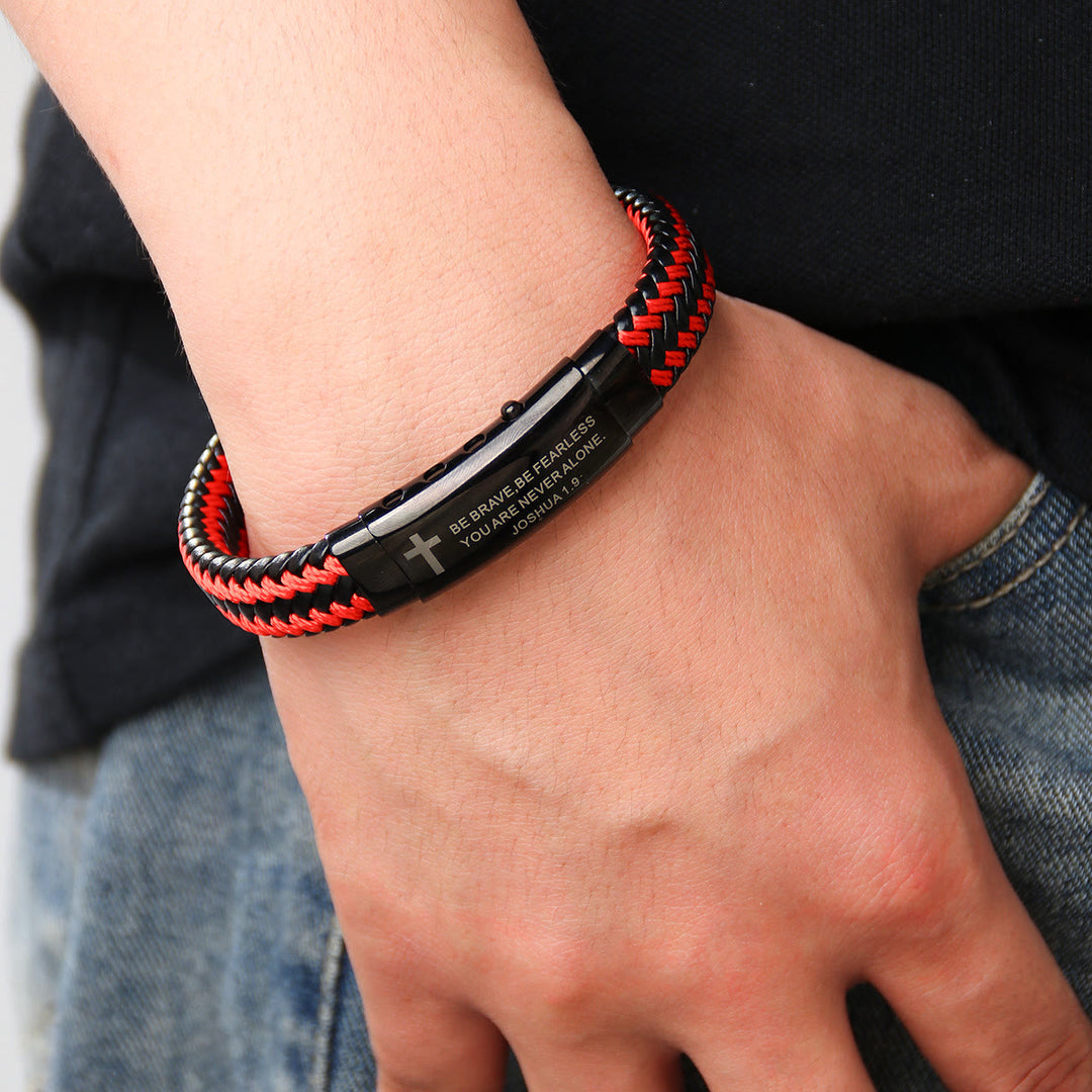 Christianartworkshop Woven Leather Cross Bracelet with Verse: Bold Courage for Daily Wear - image 2