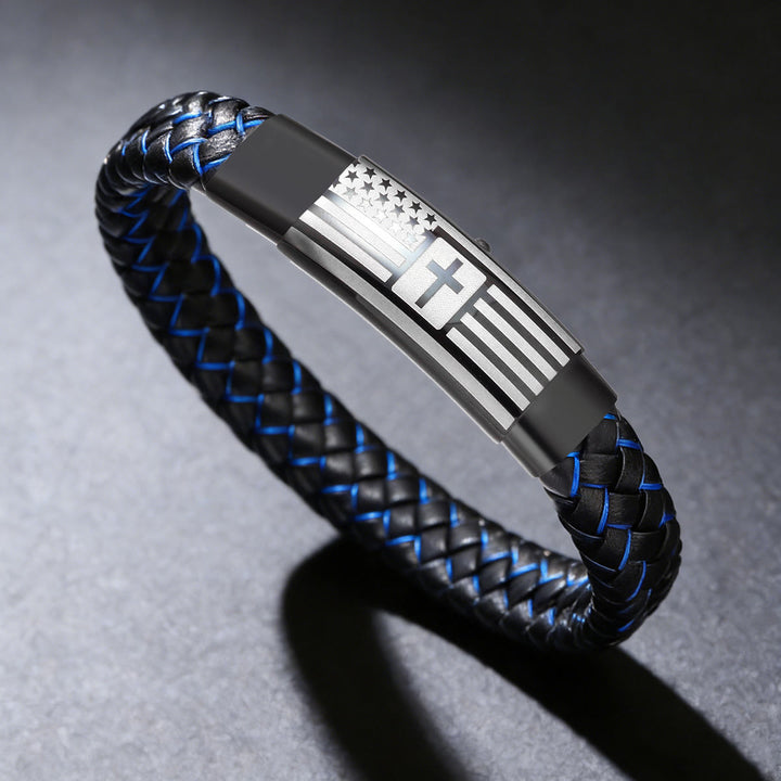 Christianartworkshop Woven Leather Cross Bracelet with Verse: Bold Courage for Daily Wear - Blue & Silver - image 8